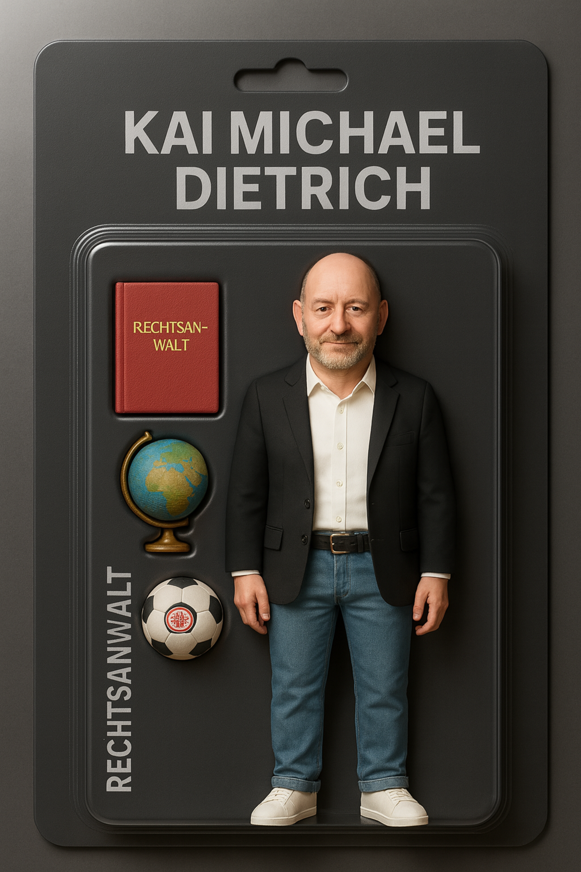 Eine spielzeugähnliche Figur eines glatzköpfigen Mannes in Freizeitkleidung ist zusammen mit einem Globus, einem Fußball und einem Buch mit der Aufschrift Rechtanwalt unter dem Namen Kai Michael Dietrich verpackt.